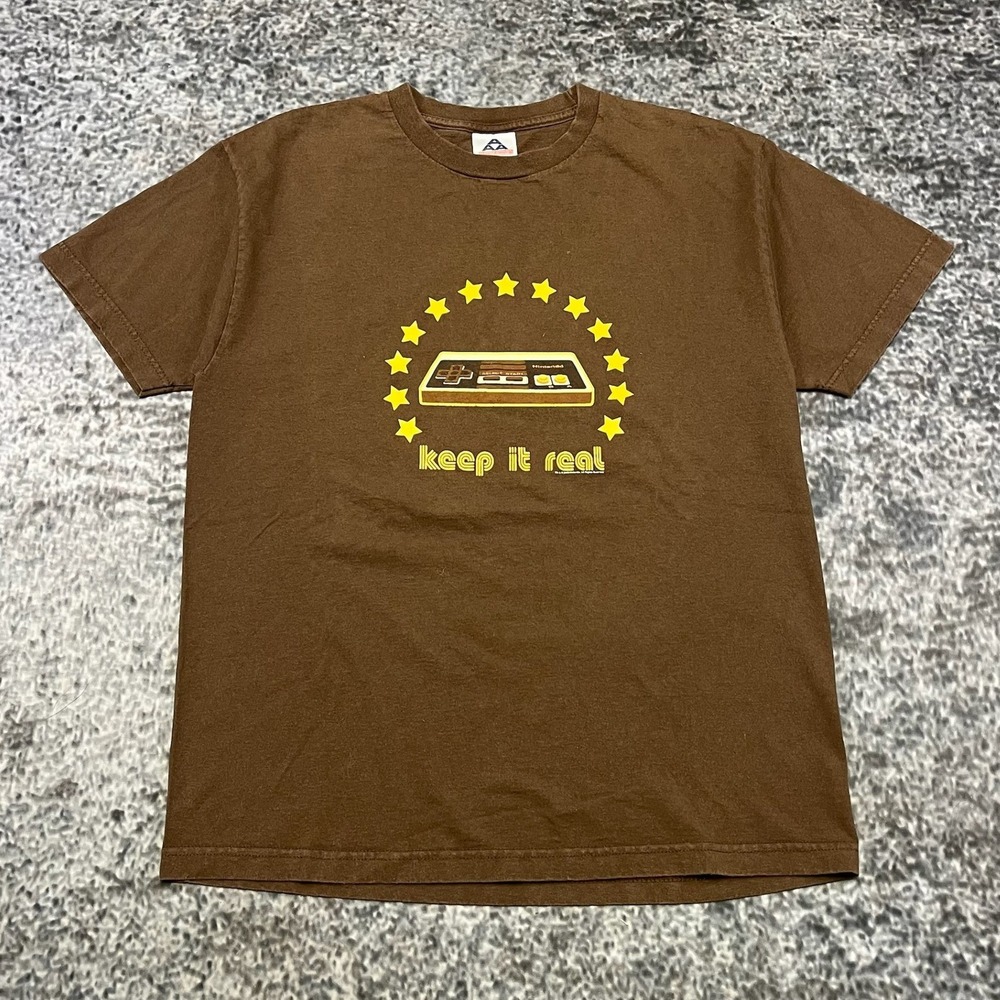 Vintage Nintendo T Shirt 'Keep It Real' Mens Large Brown NES Controller Y2K